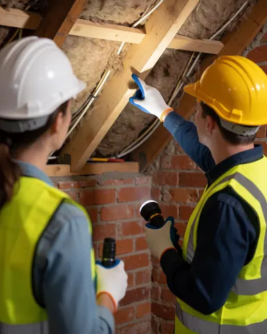 Deux techniciens en casques et gilets inspectent les poutres et l'isolation du toit d'une maison à l'aide d'une lampe.