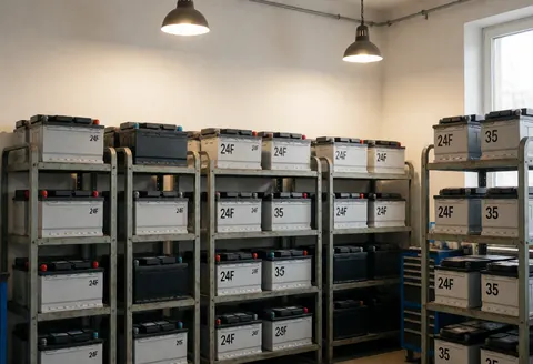 Entrepôt de batteries neuves organisées sur des étagères métalliques sous des lumières suspendues, murs blancs et fenêtre latérale.