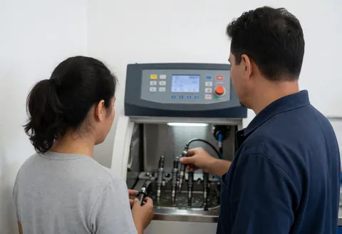 Deux techniciens observent les injecteurs de carburant d'un nettoyeur ultrasonique en fonctionnement avec son panneau numérique visible.