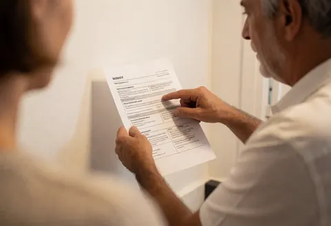 Un technicien en réparation d'alarmes présente un document de garantie à un client dans un intérieur aux murs blancs et à la lumière chaude.