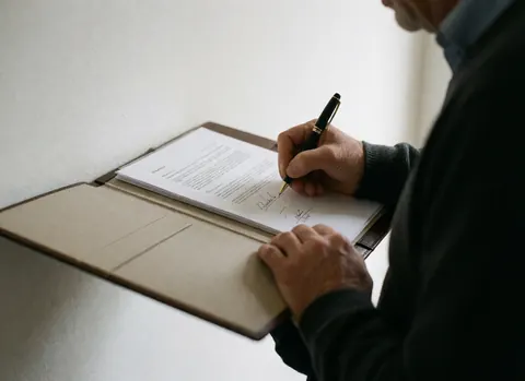 Une main signe un document posé sur un portefeuille en cuir blanc, l'autre main maintient le portefeuille, vue rapprochée de la plume et du papier.