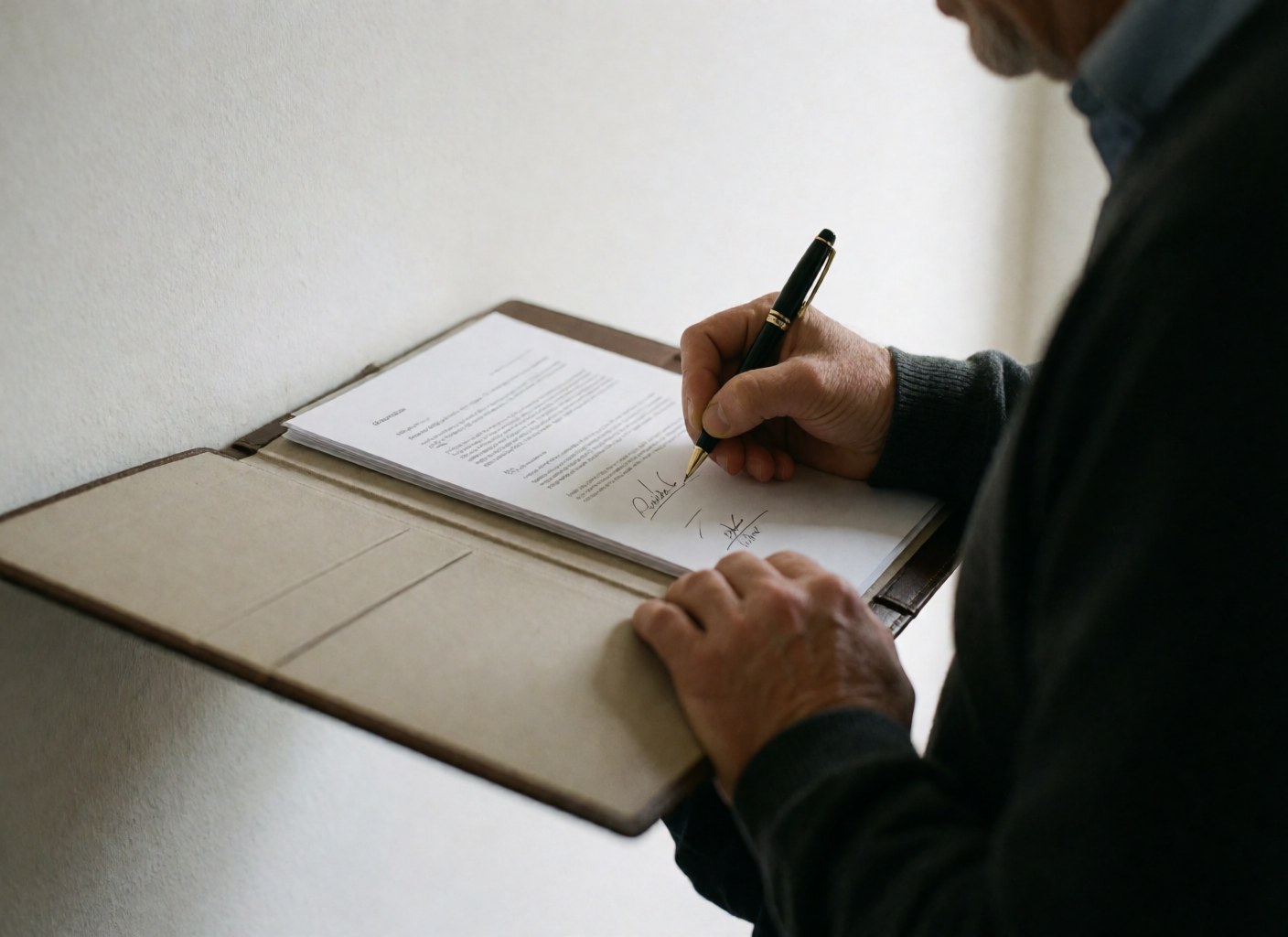 Une main signe un document posé sur un portefeuille en cuir blanc, l'autre main maintient le portefeuille, vue rapprochée de la plume et du papier.