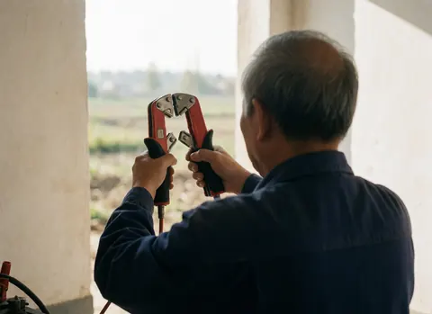 Un technicien en uniforme blanc et bleu utilise des pinces rouges pour démarrer une batterie de voiture dans un environnement rural en plein jour.