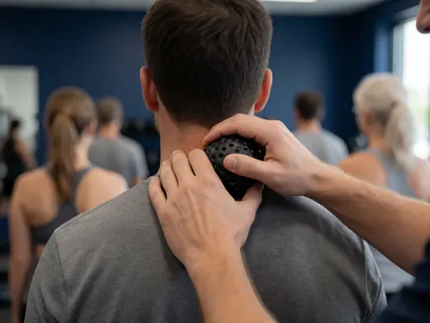 Un thérapeute applique une pression avec une balle de massage sur la nuque d'un client dans un gymnase moderne aux murs bleus flous.
