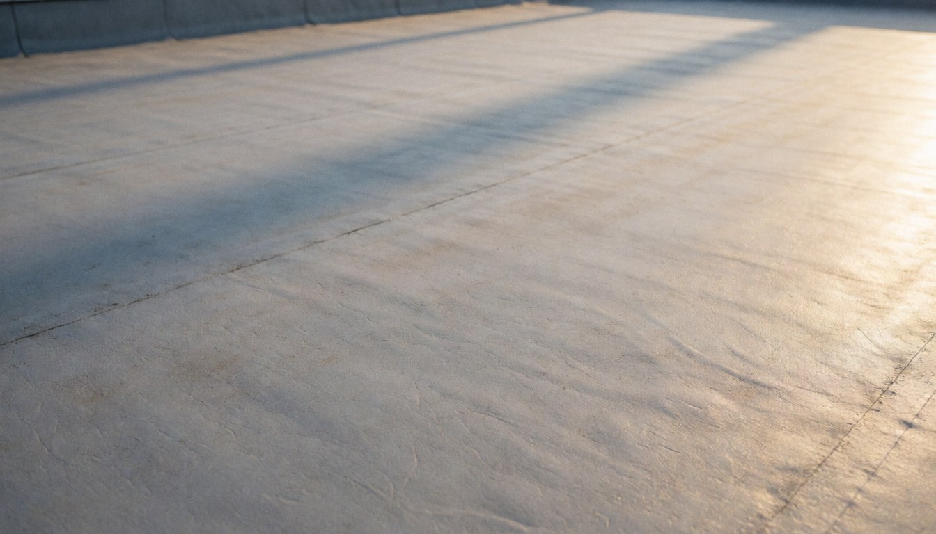 Fond de toit plat gris avec texture subtile et ombres douces de coucher de soleil, idéal pour textes commerciaux sans distractions.