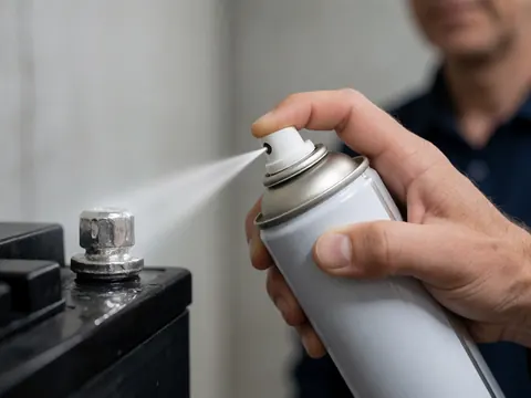Gros plan d'une main appliquant du gel protecteur sur une borne métallique, avec un mur en béton flou en arrière-plan.