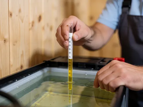 Un homme utilise un hydromètre pour vérifier la densité de l'électrolyte jaune d'une batterie sur une surface en bois naturel.