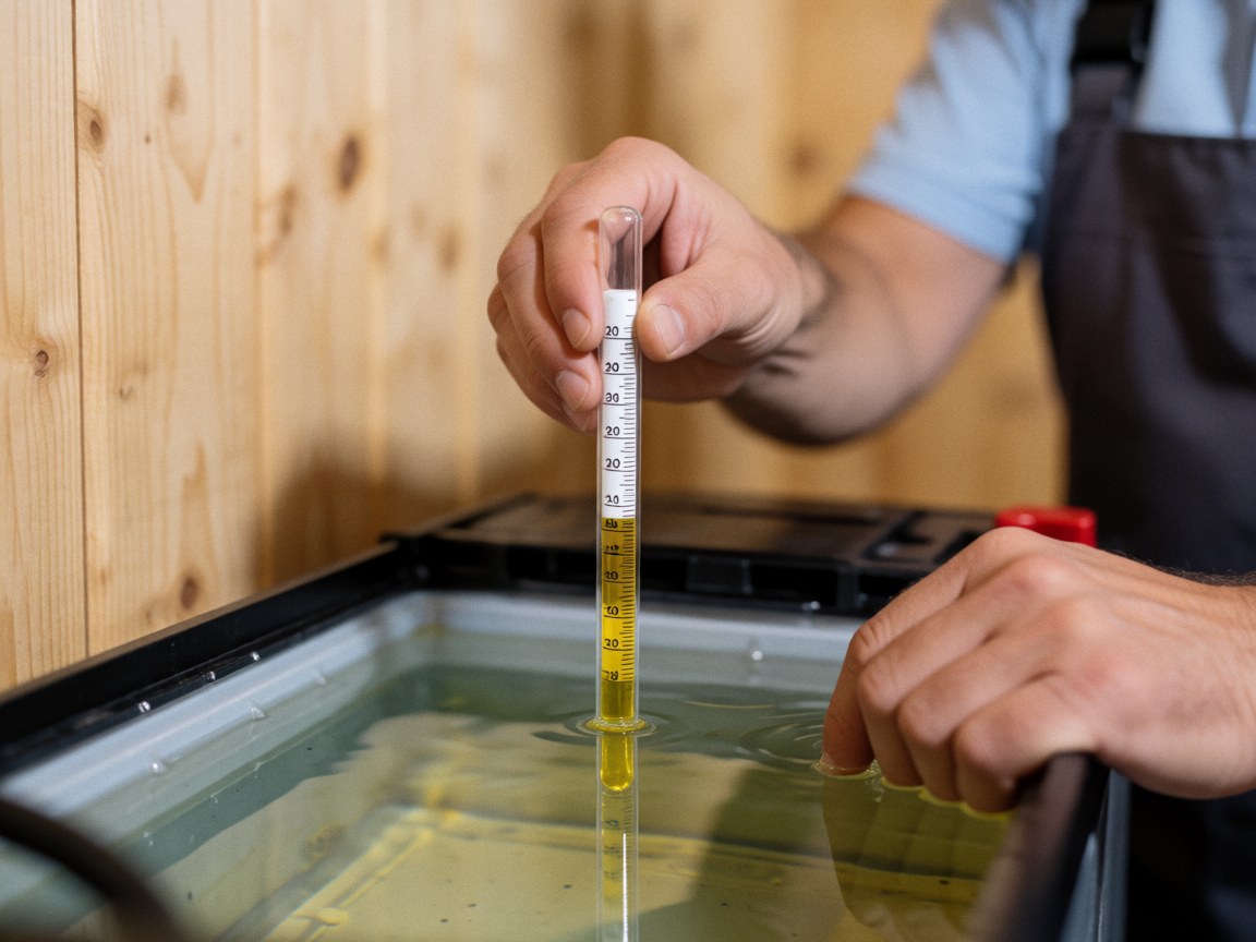 Un homme utilise un hydromètre pour vérifier la densité de l'électrolyte jaune d'une batterie sur une surface en bois naturel.