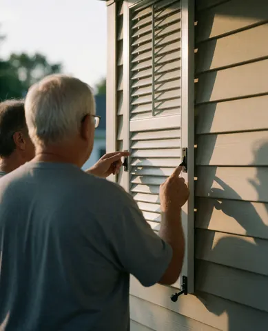 Un installateur ajuste un store extérieur sur une maison en bois au coucher du soleil, avec des outils et ses mains visibles.