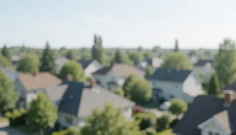 Vue floue de toits de maisons et d'arbres verts sous un ciel clair, servant de fond neutre pour du texte publicitaire.