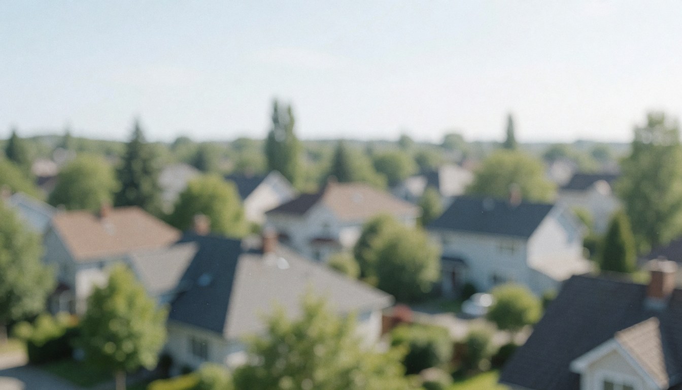 Vue floue de toits de maisons et d'arbres verts sous un ciel clair, servant de fond neutre pour du texte publicitaire.