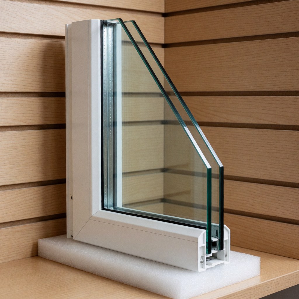 Fenêtre à double vitrage avec un cadre blanc posée sur une mousse de protection, devant un mur en bois clair, prête pour l'installation dans une maison.