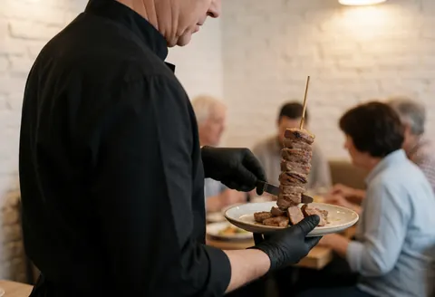 Un serveur portant des gants noirs coupe de la viande de grill dans un restaurant aux murs de briques blanches avec des clients en arrière-plan.