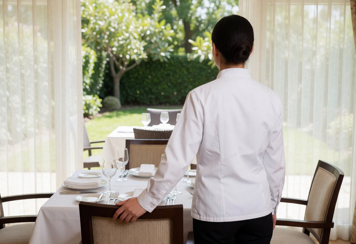 Serveuse de dos dans un restaurant avec vue sur le jardin, table dressée et rideaux blancs, ambiance calme et propre.