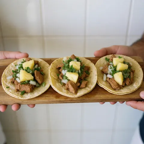 Trois tacos au porc garnis d'ananas, oignon et coriandre posés sur une planche en bois devant un fond de carreaux blancs, mains tenant la planche.