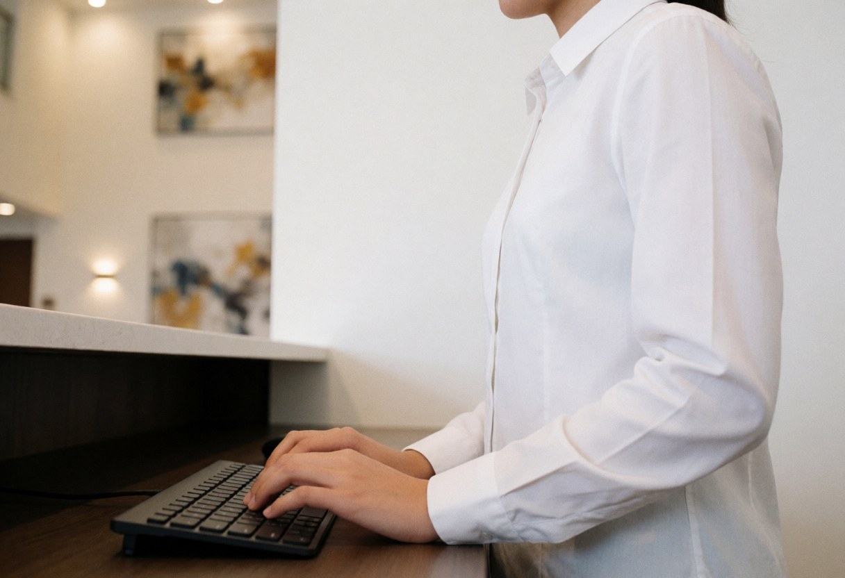Mains d'un employé de réception utilisant un clavier devant un fond moderne avec des œuvres d'art sur les murs blancs dans un environnement professionnel.
