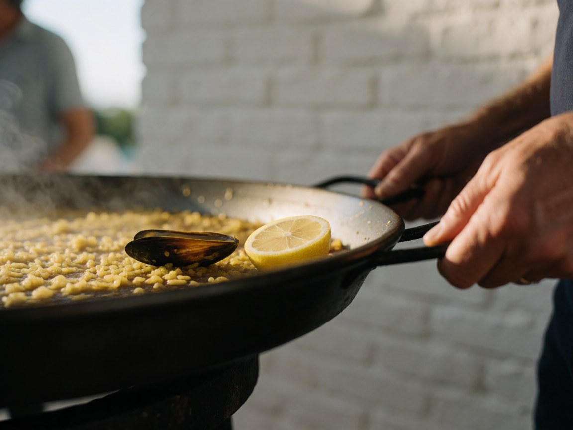 Un chef sert une paella garnie de moules et de citron sur un barbecue en extérieur avec un mur de briques blanches en arrière-plan.