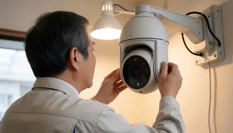 Un technicien ajuste une caméra ptz fixée au mur dans un environnement professionnel avec un éclairage chaud, mettant en valeur le travail et les outils de sécurité.