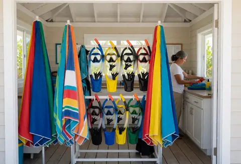 Présentoir rempli d'équipement de snorkel et de serviettes colorées prêtes à la location sur une plage, avec une personne travaillant en arrière-plan sous une lumière naturelle.