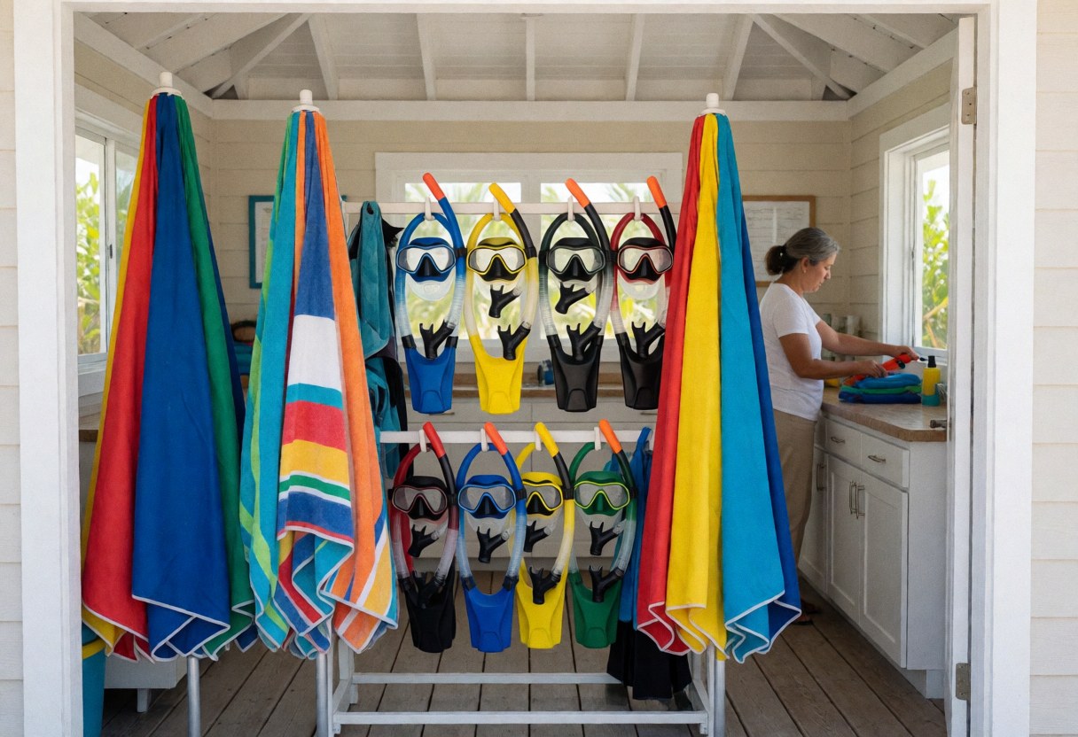 Présentoir rempli d'équipement de snorkel et de serviettes colorées prêtes à la location sur une plage, avec une personne travaillant en arrière-plan sous une lumière naturelle.