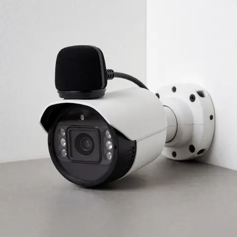 Caméra de surveillance haute définition montée sur un mur blanc, éclairage professionnel, fond neutre gris, idéale pour les entreprises de sécurité.