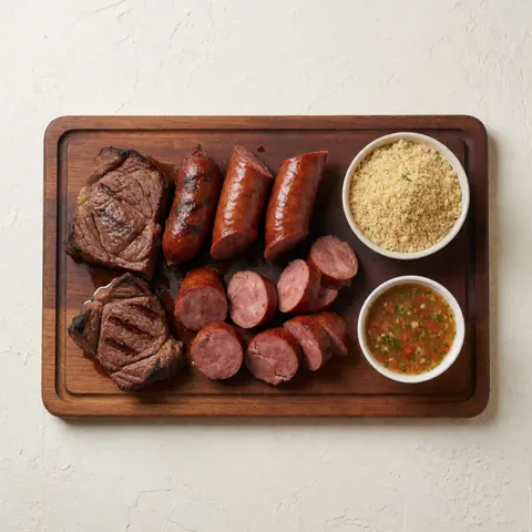 Assiette en bois présentant picanha et linguiça accompagnées de farofa et vinaigrette, sur fond crème clair.