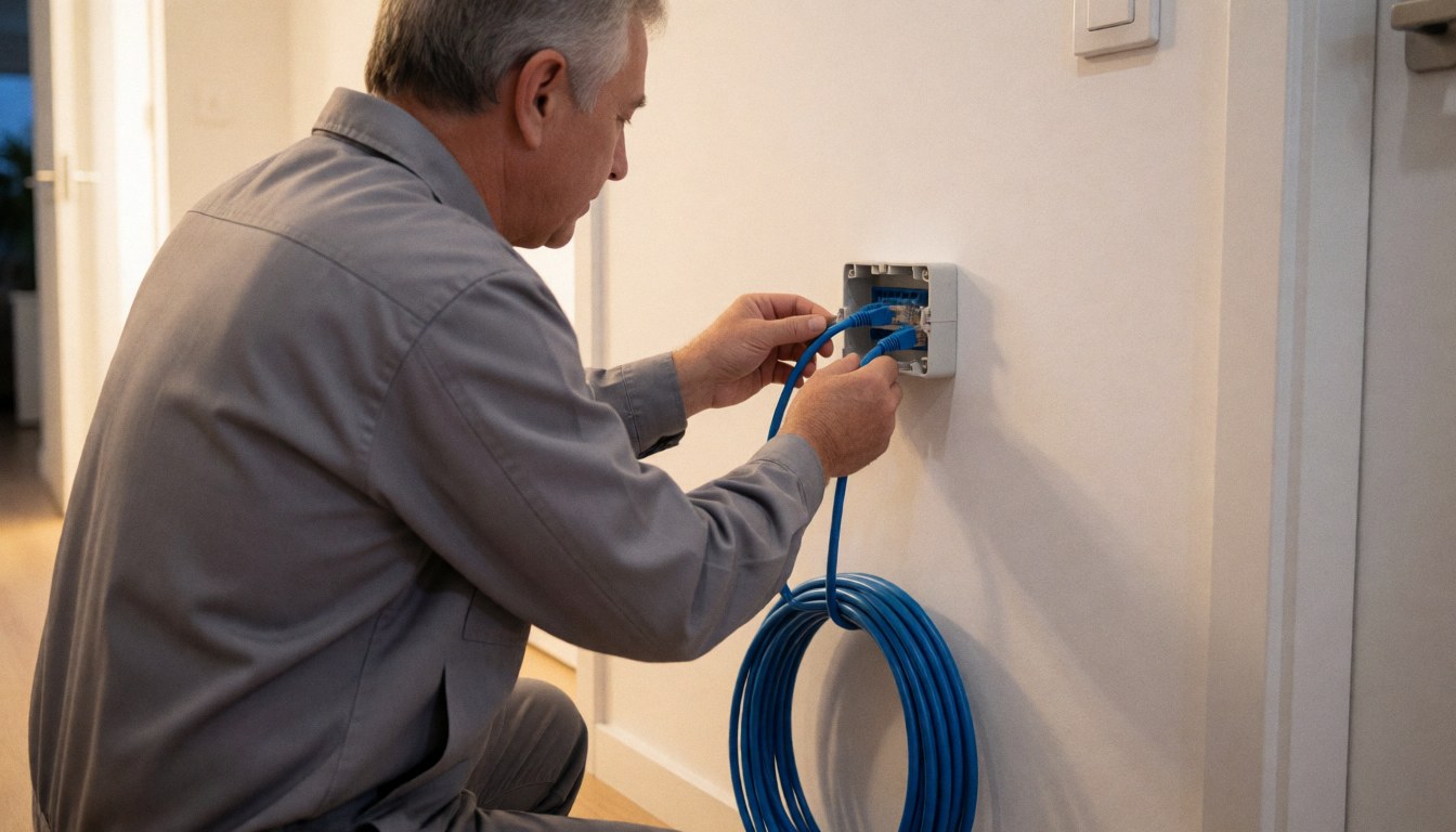 Un technicien en train d'installer un câble Ethernet bleu dans une boîte murale, dans un couloir moderne éclairé par une lumière chaude, avec des câbles enroulés au sol.
