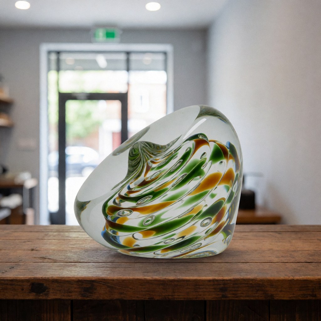 Poids en verre artisanal orné de motifs verts et jaunes posé sur un comptoir en bois rustique dans un atelier de soufflage de verre.