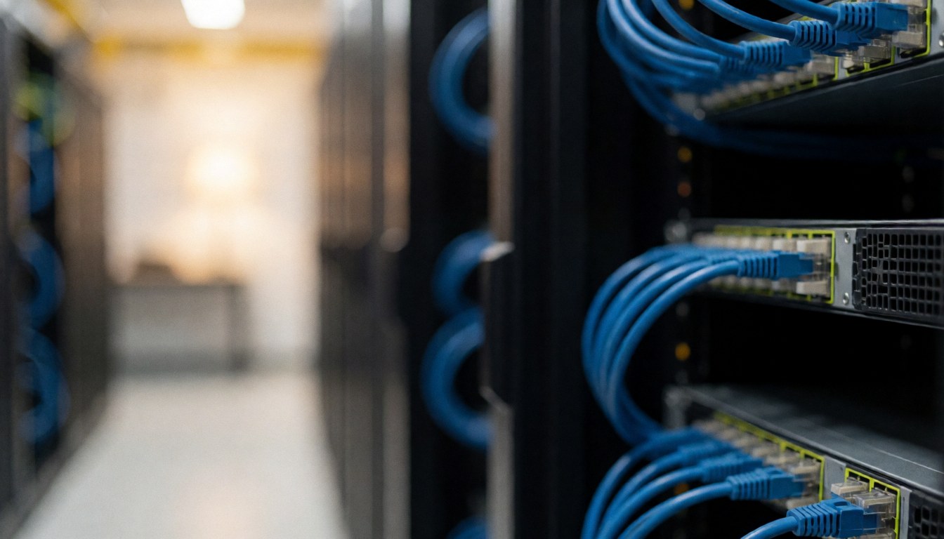 Fond de serveur avec des câbles bleus connectés à des serveurs en rack, mise au point sélective, idéal pour ajouter des textes commerciaux