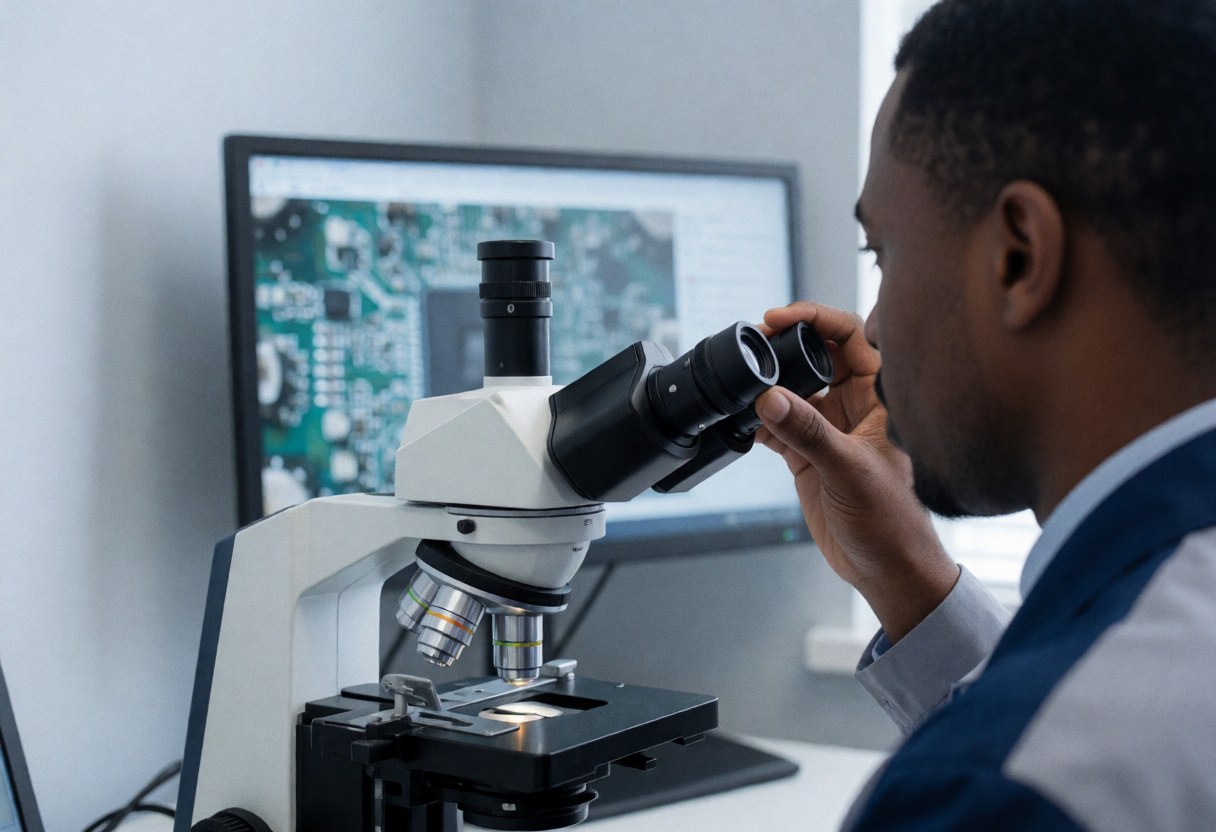 Technicien en réparation de téléphones ajuste l'oculaire d'un microscope avec un moniteur affichant une carte mère en arrière-plan sur fond gris clair.