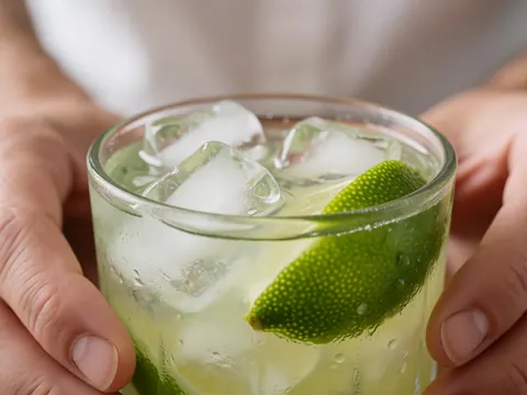 Deux mains tenant un verre de caipirinha rempli de glace pilée et de tranches de citron vert, avec des gouttes de jus sur le verre, dans une lumière douce et rafraîchissante.