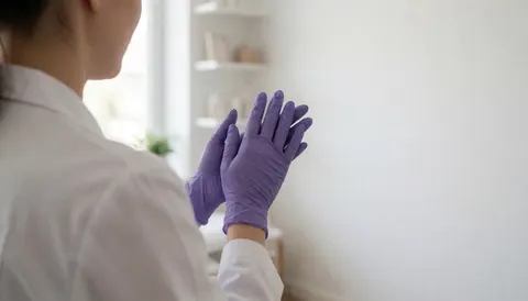Mains posées sur un fond blanc dans un studio moderne éclairé par la lumière naturelle, espace vide à droite pour texte.