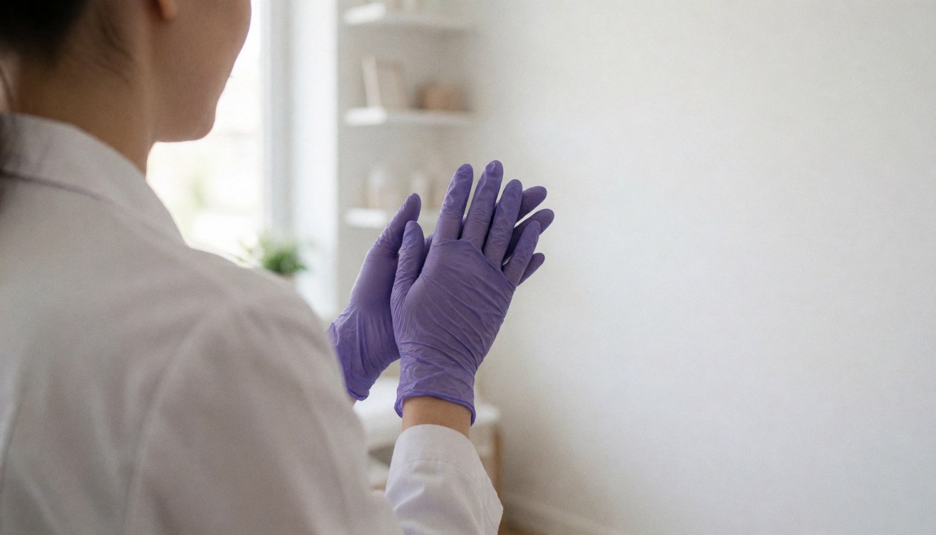 Mains posées sur un fond blanc dans un studio moderne éclairé par la lumière naturelle, espace vide à droite pour texte.