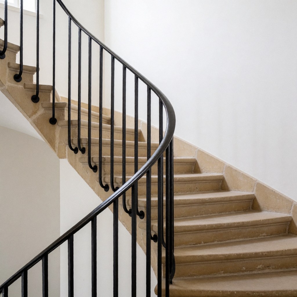 Vue de dessus d'un garde-corps en fer noir courbé sur un escalier en pierre beige avec murs blancs, idéal pour les installateurs d'escaliers.