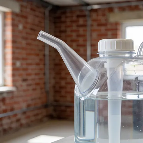 Bouteille transparente en plastique avec bec pour eau distillée, idéale pour le nettoyage des vitres, posée devant un mur de briques rouges flou.