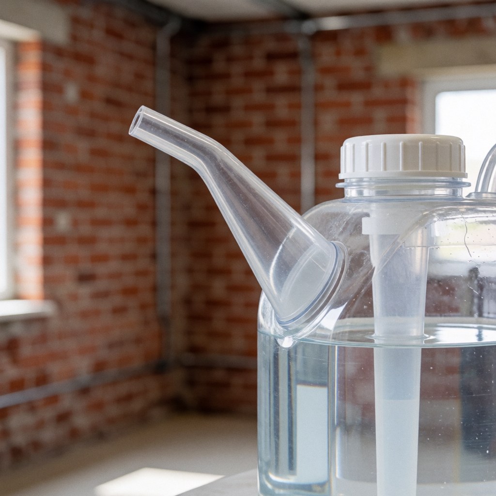 Bouteille transparente en plastique avec bec pour eau distillée, idéale pour le nettoyage des vitres, posée devant un mur de briques rouges flou.