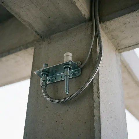 Montage robuste d'une caméra de sécurité fixé à une colonne en béton avec ancrage métallique et conduit flexible pour protéger les câbles.