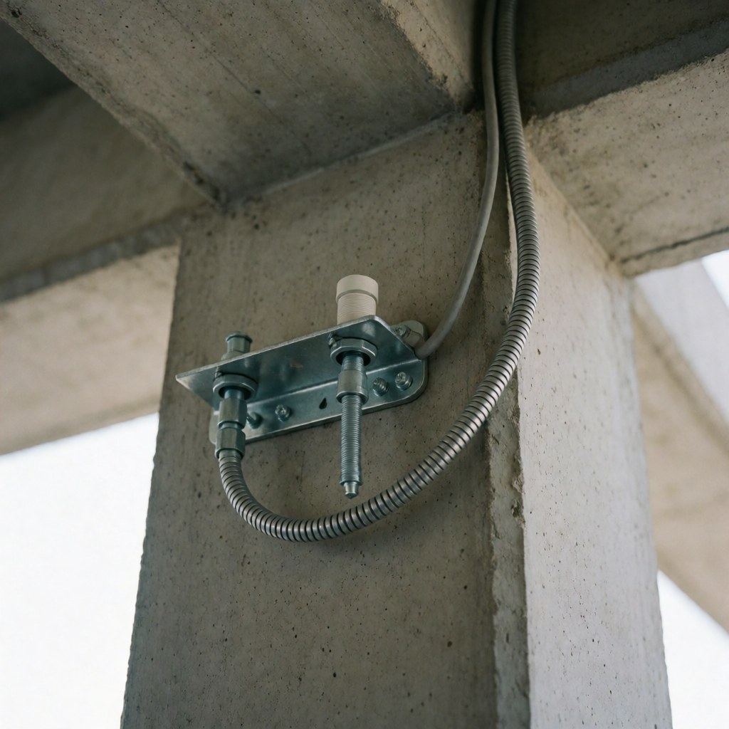 Montage robuste d'une caméra de sécurité fixé à une colonne en béton avec ancrage métallique et conduit flexible pour protéger les câbles.