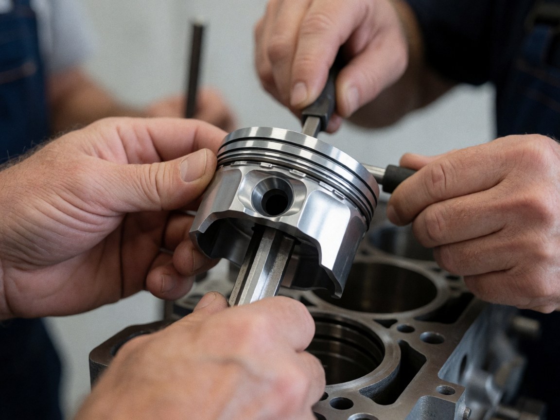 Mécanicien ajustant des anneaux de piston dans un cylindre de moteur avec des outils et des détails métalliques brillants sur fond flou d'atelier.