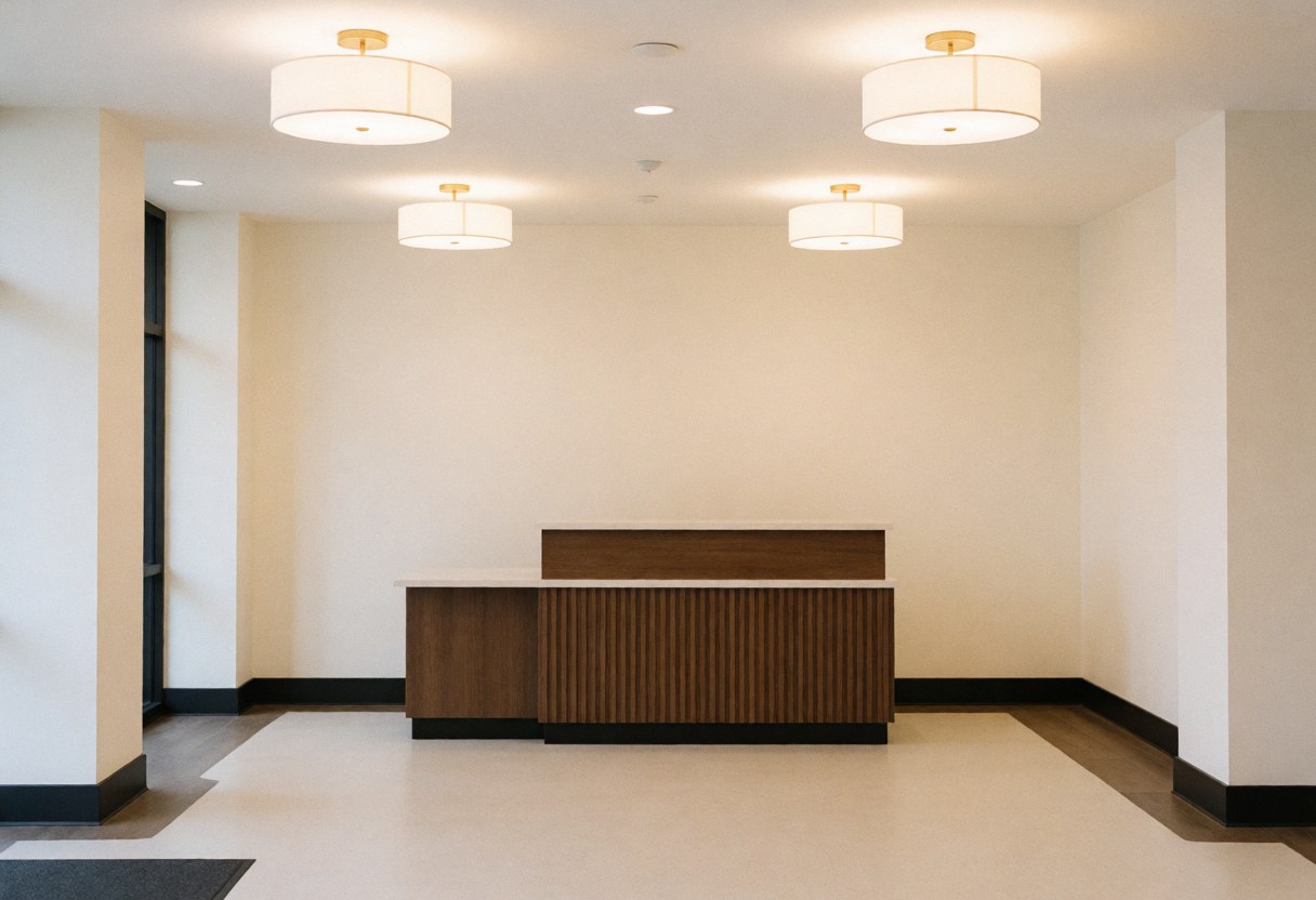 Entrée vide avec bureau en bois, murs crème et luminaires modernes. Sol propre et décoration minimaliste.