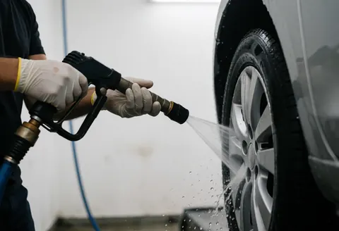 Gant tenant un pistolet à haute pression pour nettoyer une jante automobile sur fond blanc flou, scène réaliste de lavage en cours.