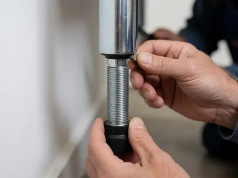 Gros plan sur des mains ajustant un pied métallique de meuble sur fond blanc avec un sol flou et une éclairage professionnel.