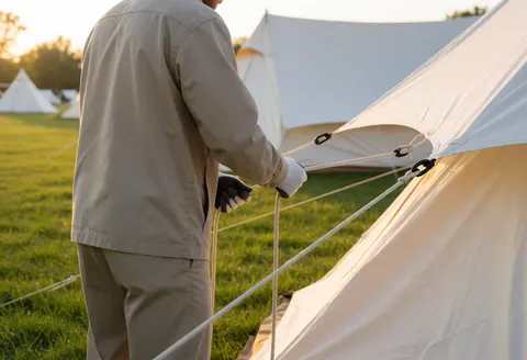 Un employé en uniforme et gants attache fermement une tente blanche à l'aide de cordes épaisses dans un camping au coucher du soleil.