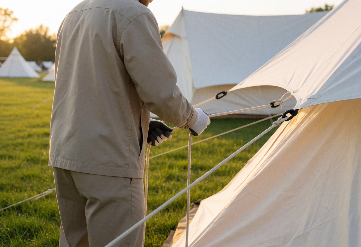 Un employé en uniforme et gants attache fermement une tente blanche à l'aide de cordes épaisses dans un camping au coucher du soleil.