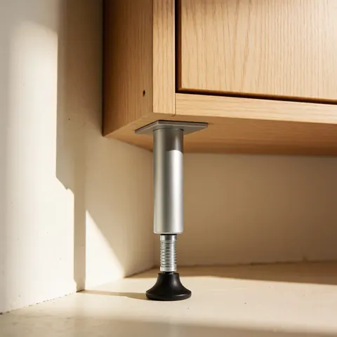 Meuble en bois avec pied métallique réglable et semelle noire, en angle, sur sol clair, éclairage naturel.