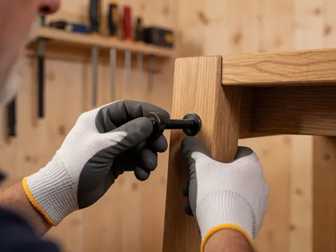 Gant serrant un boulon noir sur une jambe de table en chêne massif dans un atelier avec outils et murs en bois visibles en arrière-plan flou.