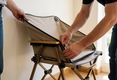 Un technicien assemble une chaise pliante à structure métallique et tissu résistant dans un espace intérieur baigné de lumière naturelle, en travaillant avec précision les mécanismes de fixation.