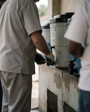 Un employé portant des gants examine le niveau d'eau d'un grand réservoir dans une station extérieure, sur une surface en béton sale.