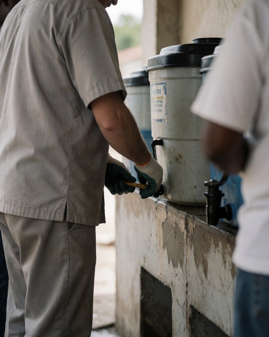 Un employé portant des gants examine le niveau d'eau d'un grand réservoir dans une station extérieure, sur une surface en béton sale.