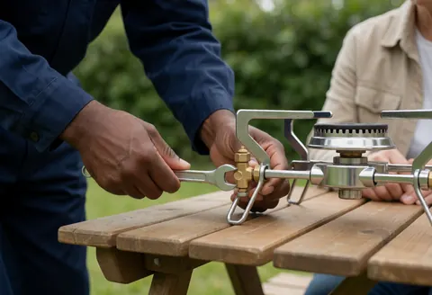 Un homme en uniforme bleu ajuste une vanne de réchaud de camping avec une clé sur une table en bois pendant qu'une autre personne observe au fond.